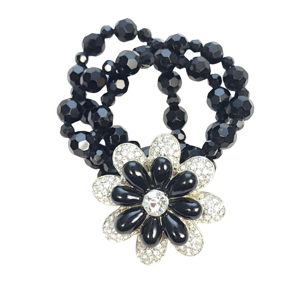 Lia Sophia Corsage Black Glass 3 Strand Rhinestone Flower Stretch Bracelet 7"